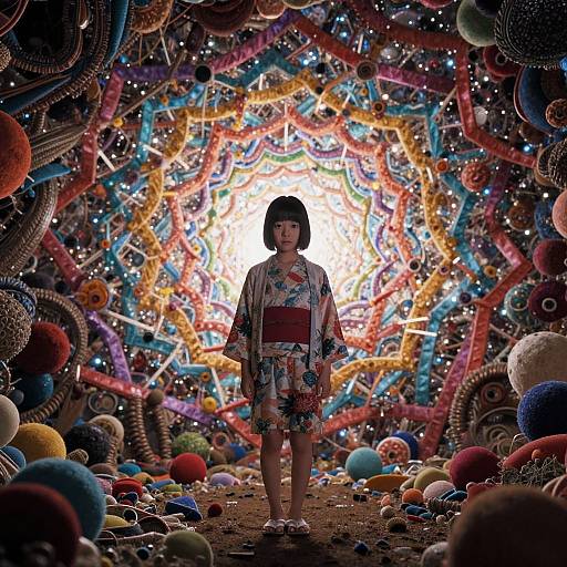 Photograph of a young Asian woman in a colorful floral kimono standing in a vibrant, starburst-patterned, surreal, cosmic room filled with colorful