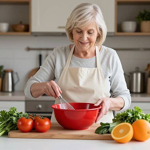 Photograph of an elderly white woman with short blonde hair, wearing a white sweater and beige apron, whisking in a red bowl on a kitchen