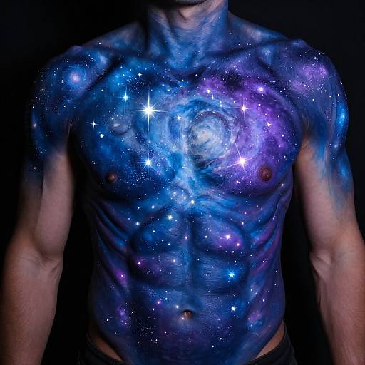 Photograph of a muscular man's torso, covered in vibrant blue and purple galaxy patterns with stars, against a black background.