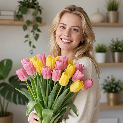 Smiling blonde woman in white sweater holds bouquet of pink and yellow tulips, surrounded by potted plants on shelves.