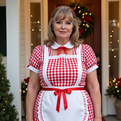 Photograph of a middle-aged woman with light brown hair in a red and white checkered maid dress with lace trim, standing in front of a fest
