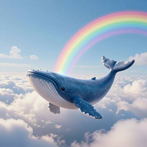 Photorealistic digital art of a blue whale soaring through a bright blue sky with fluffy white clouds and a vivid rainbow.