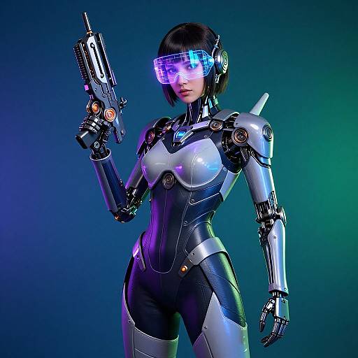 CGI image of a futuristic, cybernetic woman with short black hair, glowing purple visor, and sleek metallic armor, holding a gun,