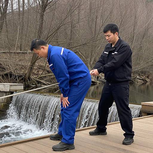 Two Workers Pulling Rope by Waterfall