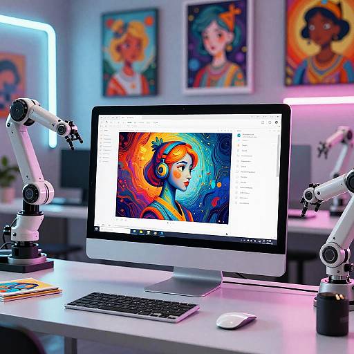 Photograph of a modern workspace with a colorful digital painting on a monitor, flanked by robotic arms, and vibrant portrait art on the wall.