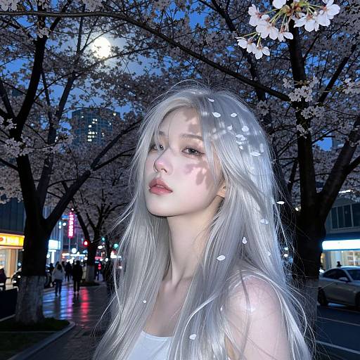 Photograph of a young woman with long, silver-white hair, standing under cherry blossoms at night, illuminated by moonlight and city lights.