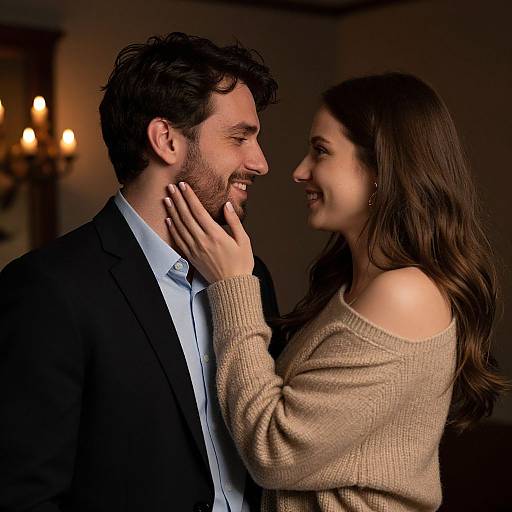 Photograph of a smiling couple in dim lighting; man in black suit, blue shirt, woman in beige off-shoulder sweater, gently touching his