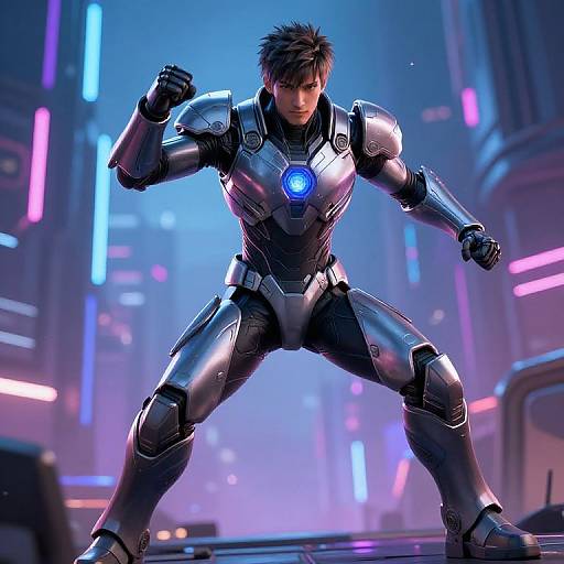 CGI image of a muscular man with spiky brown hair in a sleek, black, glowing blue-embroidered robotic suit, standing in a