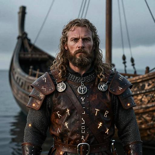 Photograph of a bearded, long-haired man in Viking armor with runes, standing in front of a wooden ship on a calm, cloudy sea.