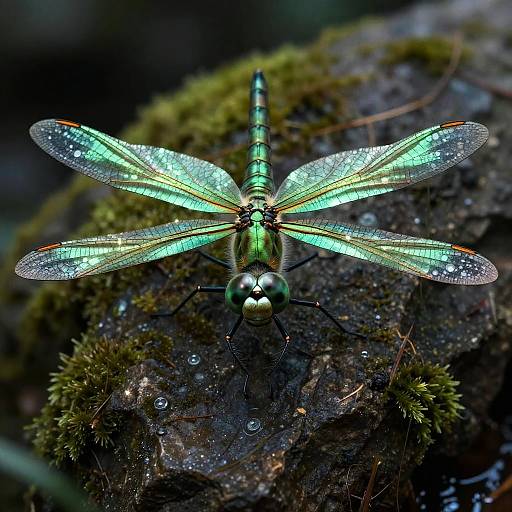 Close-up photograph of a vibrant green dragonfly with iridescent wings, sparkling with water droplets, perched on a moss-covered rock.