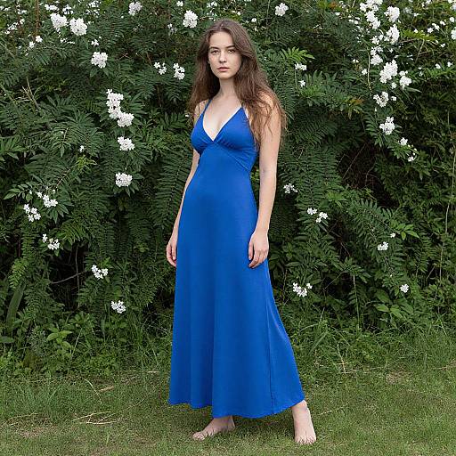Photograph of a young woman with long brown hair in a blue, V-neck, floor-length dress standing barefoot against a lush green bush with white