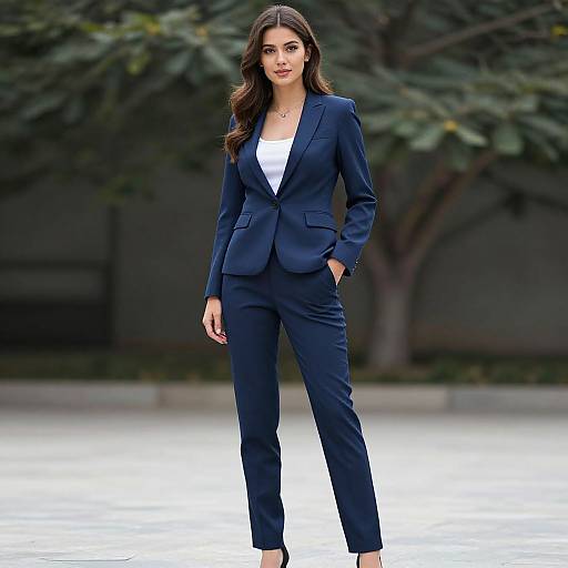 Photograph of a confident woman with long brown hair, wearing a navy blue blazer and white top, standing outdoors with trees in the blurred background.