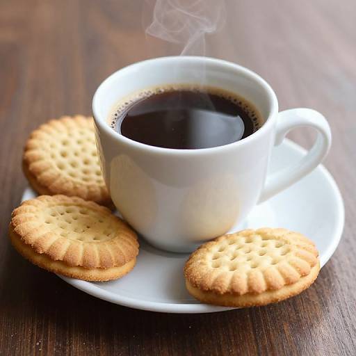 Photograph of a white ceramic cup of steaming black coffee on a saucer, surrounded by three round, golden crackers on a dark wooden table.