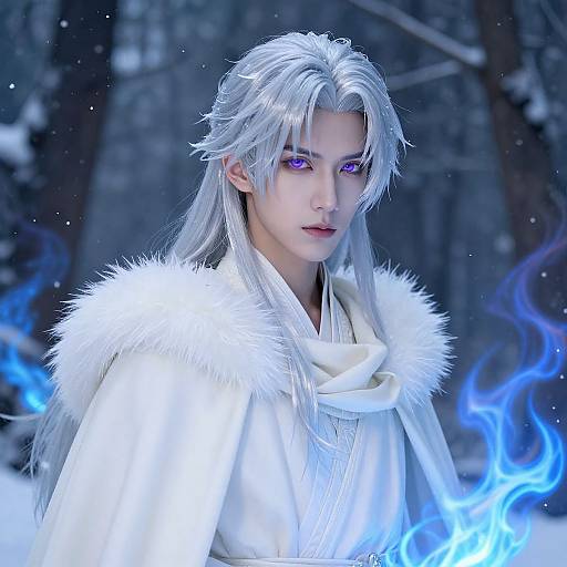Digital art of a pale, silver-haired anime character with purple eyes, wearing a white fur-trimmed robe, surrounded by blue ethereal flames in