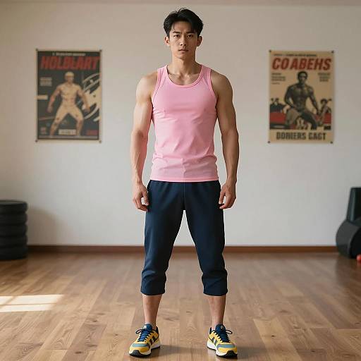 Athletic Man in Pink Tank Top Standing in Gym