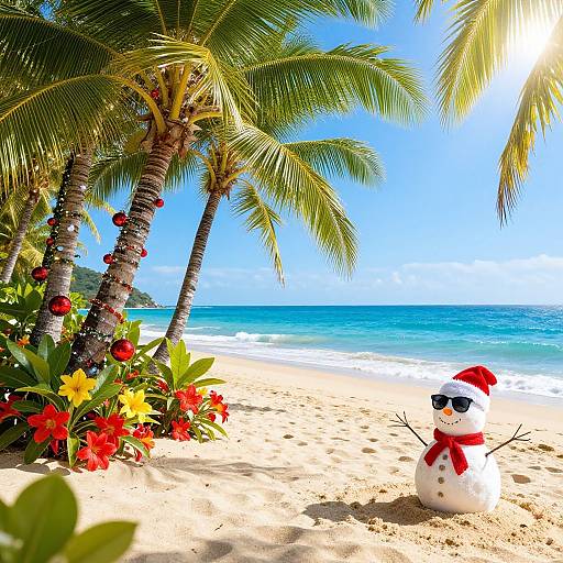 Photograph of a tropical beach with a snowman in a red hat and scarf, sunglasses, and stick arms, surrounded by palm trees, bright flowers