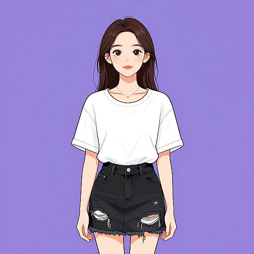 Digital anime-style drawing of a young woman with long dark hair, wearing a white t-shirt and black, ripped denim skirt, against a solid purple background