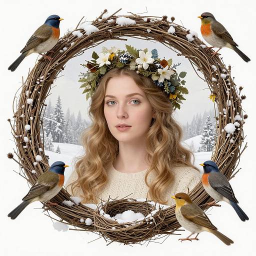 Photograph-style digital art of a fair-skinned, wavy-haired woman with a floral crown, surrounded by six colorful birds on a snowy, wre