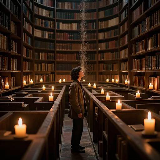 Photograph of a lone man with short, dark hair, standing in a dimly lit library with rows of shelves, candles, and water droplets