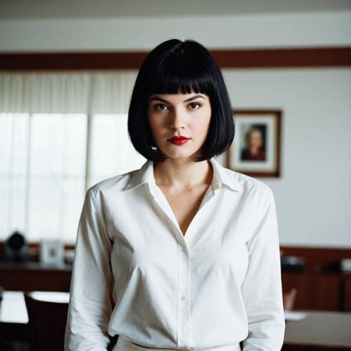 Woman with Black Bob Cut and White Shirt Indoors
