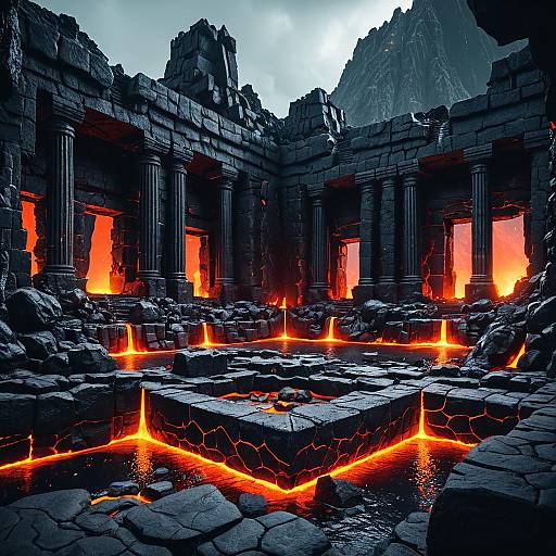 Ancient Volcanic Ruins with Glowing Lava Pools