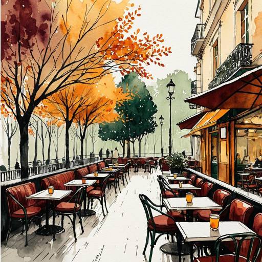 Autumn Cafe Terrace Watercolor Painting