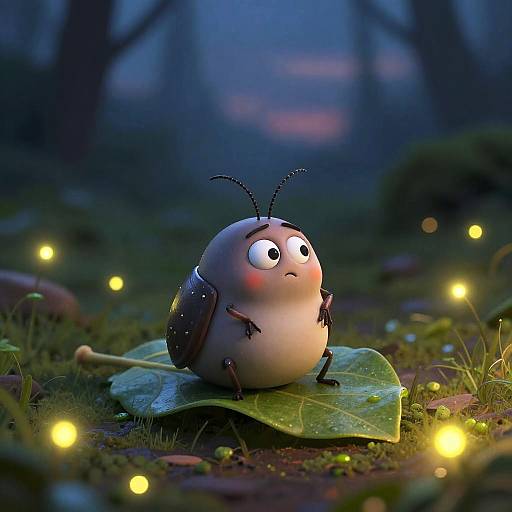 CGI cartoon insect with big eyes and antennae, sitting on a green leaf in a glowing, forested night scene with fireflies.