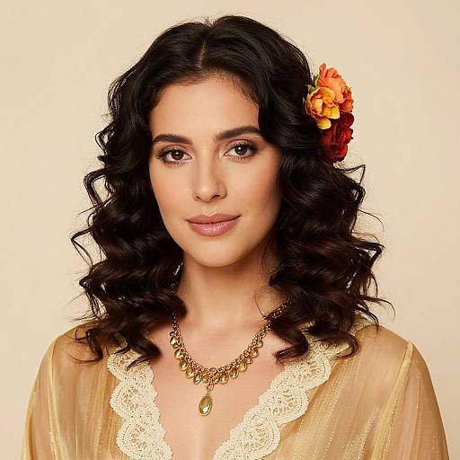 Photograph of a young woman with dark, wavy hair, wearing a gold necklace and a yellow blouse with lace trim, adorned with an orange flower