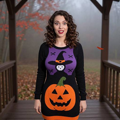 Photograph of a smiling woman with curly brown hair wearing a black and purple Halloween sweater with a pumpkin, witch hat, and jack-o'-lantern