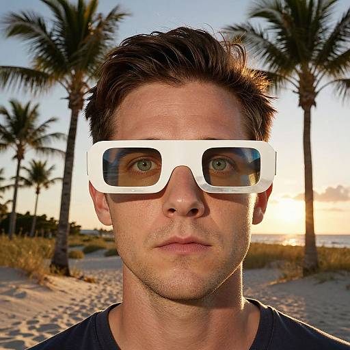 Photograph of a fair-skinned man with short brown hair, green eyes, and white 3D glasses, standing on a sandy beach at sunset