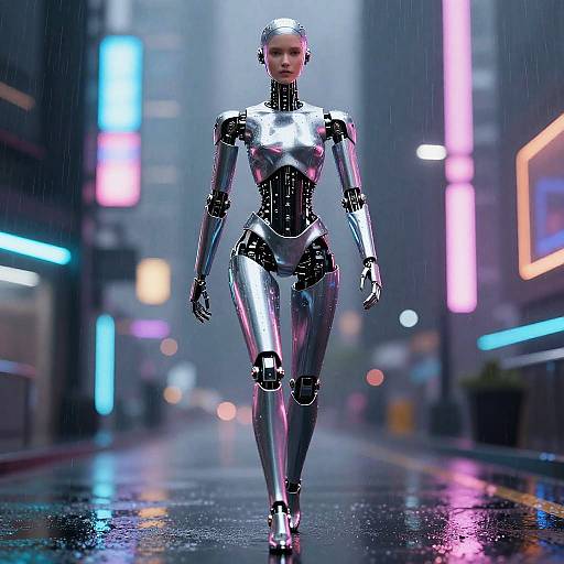 Futuristic Female Robot in Neon City