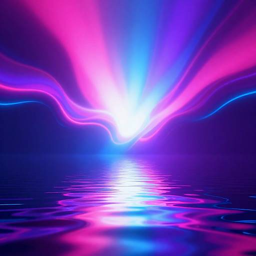 Digital art: Vibrant neon pink, blue, and purple light waves radiate from a bright white center, reflecting on a dark, rippling water