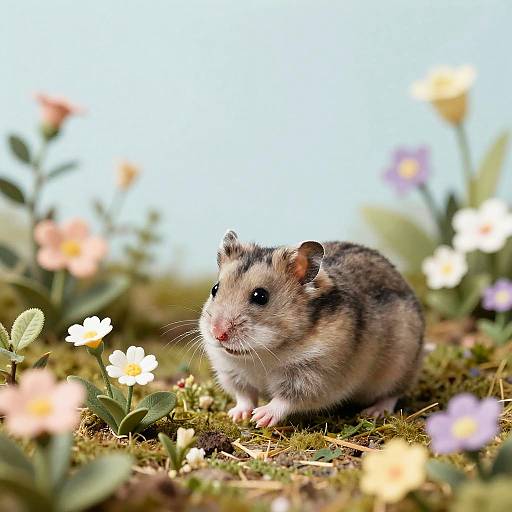 Whimsical Grey Hamster in Miniature Garden