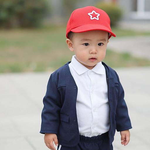 Photograph of an Asian toddler with fair skin, wearing a red baseball cap with a white star, black jacket, white shirt, and dark pants,