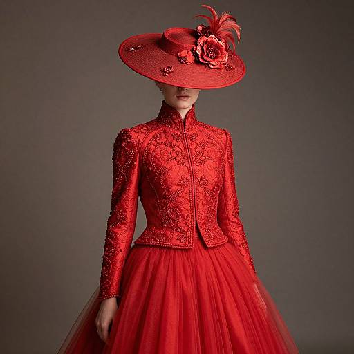 Elegant Red Ensemble with Floral Hat