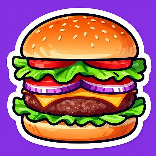 Vibrant digital illustration of a juicy burger with sesame bun, lettuce, tomato, onion, cheese, and beef patty on purple background.