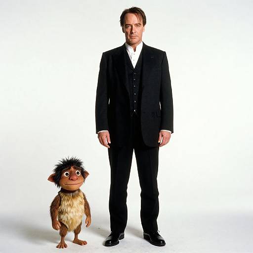 Photograph of a man in a black suit standing next to a small, furry, cartoonish creature with large eyes and dark hair. White background.