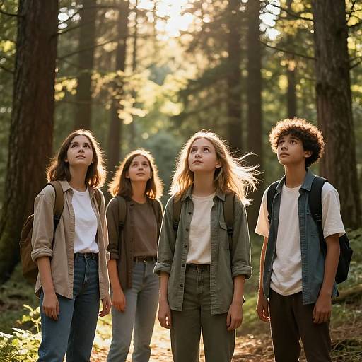 Photograph of four teenagers, two girls and two boys, standing in a sunlit forest, wearing casual outdoor clothing, backpacks, and looking upwards