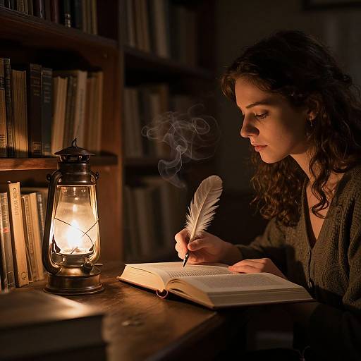 Photograph of a curly-haired woman with fair skin, wearing a dark sweater, writing with a feather quill by candlelight in a dimly lit