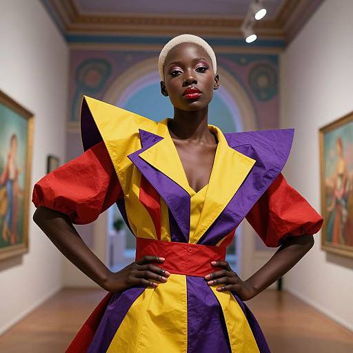 Photograph of a confident, dark-skinned woman with short blonde hair, wearing a vibrant, geometric-patterned dress in yellow, purple, and red