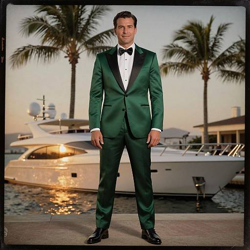 Photograph of a handsome man in a green tuxedo with black bow tie, standing in front of luxury yachts and palm trees at sunset.