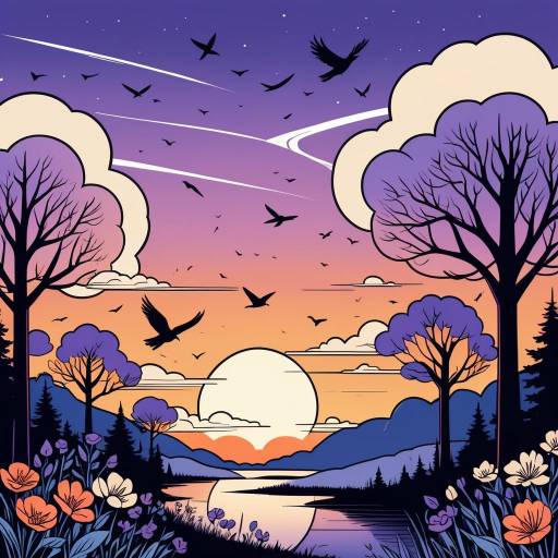 Sunset Landscape with Birds and Flowers