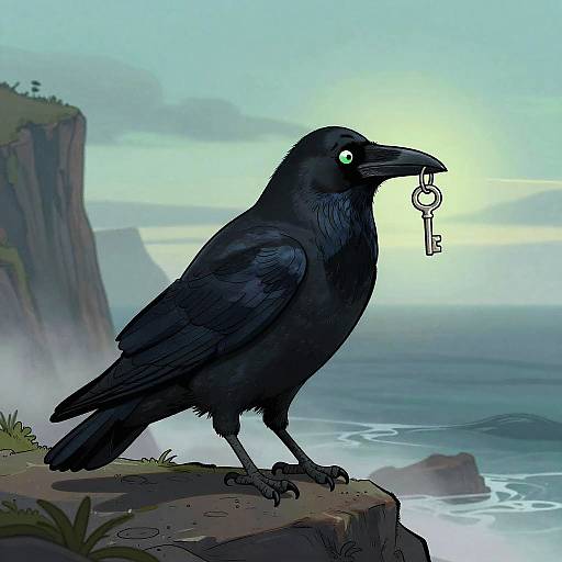 Digital illustration of a black raven with glowing green eyes, holding a key in its beak, standing on a cliff overlooking a misty ocean at