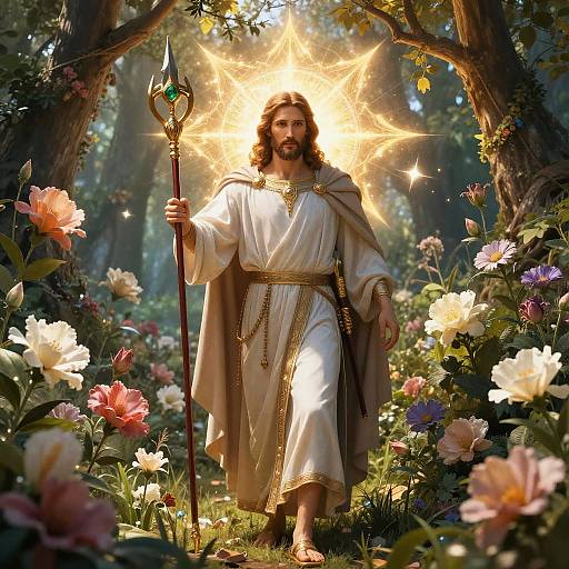 Photograph-like digital art of a bearded Jesus with a glowing halo, white robes, and staff, standing amidst vibrant flowers and trees in a sun