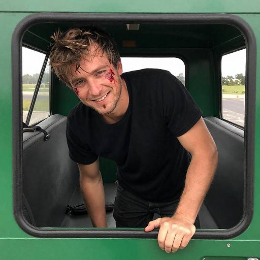 Young man with bloodied face smiling in green truck