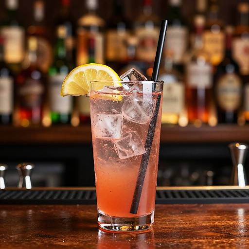 Photograph of a refreshing glass cocktail with ice, orange slice, black straw, on a bar counter with blurred liquor bottles in the background.