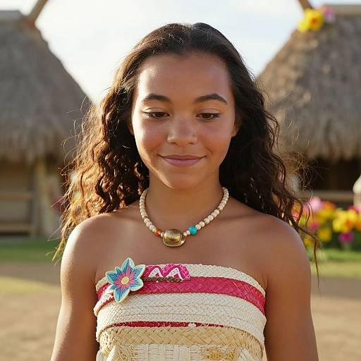 Photograph of a young, smiling woman with long, wavy brown hair, wearing a straw and pink strapless top adorned with a blue flower and