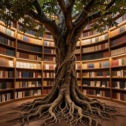 Photograph of a large, intricately twisted tree with sprawling roots in the center of a circular, illuminated bookshelf library.