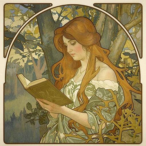 Art Nouveau-style digital illustration of a fair-skinned, red-haired woman with long wavy hair, reading a book under a tree with golden leaves
