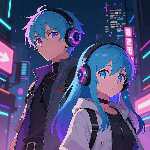 Anime-style digital illustration of a blue-haired boy and girl with purple headphones in a neon-lit, futuristic city night scene.